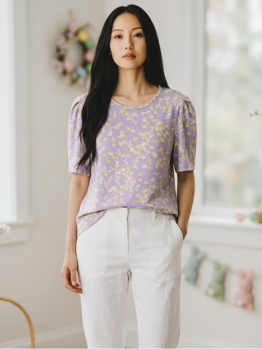 Liz Claiborne Lavender and Yellow Floral Short Sleeve Top size 1X